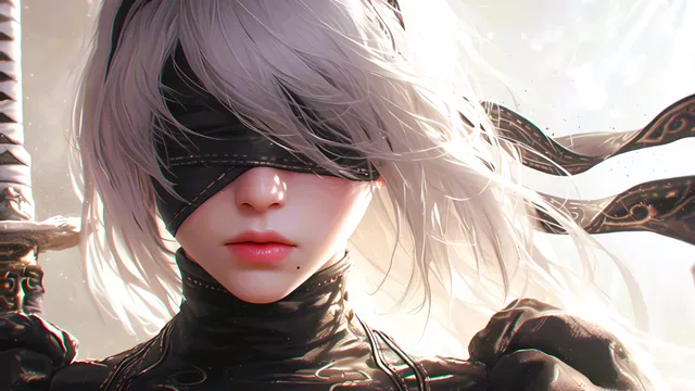 2B in a black blindfold with flowing white hair
