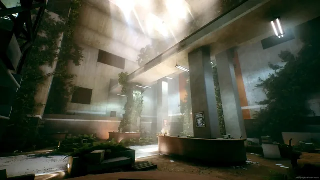 Empty abandoned cyberpunk facility with futuristic infrastructure