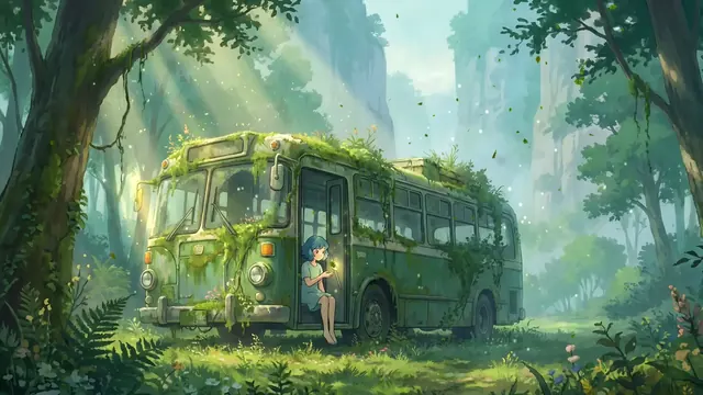 Mossy abandoned bus in a forest with a lone figure holding a light