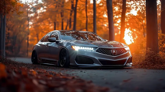 Acura TLX beneath an amber-and-gold autumn forest canopy