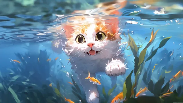 Adorable cat in an underwater world in a 4K animal live wallpaper