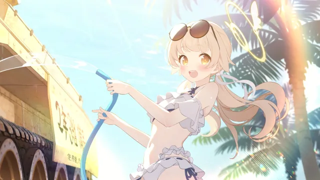 Ajitani Hifumi in a white swimsuit by tropical palms and clear water.
