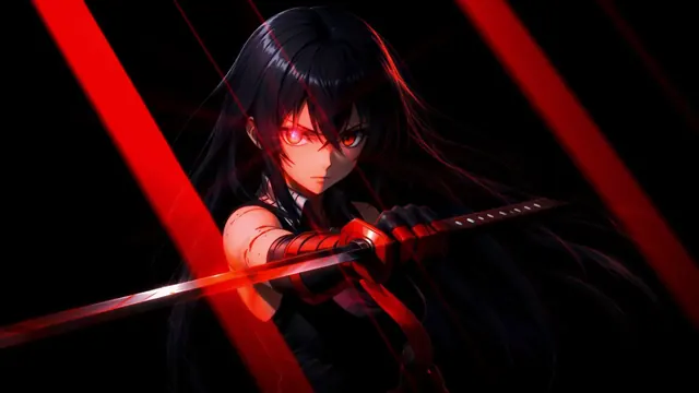 Akame gripping Murasame amid crimson slash trails and deep shadow