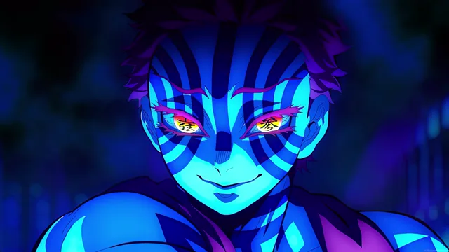 Akaza's striped face glowing inside a blue and violet aura
