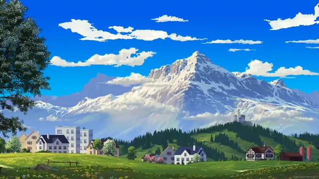An alpine village set within a mountain landscape