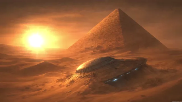 Glowing UFO hovering above an ancient stone pyramid on desert dunes at night