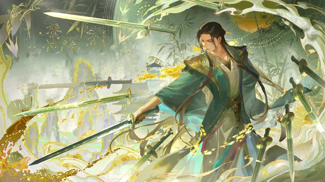 Robed warrior surrounded by hundreds of floating luminous blades in a misty green forest