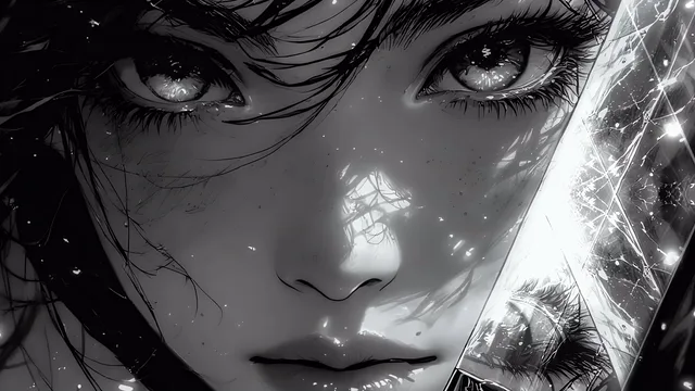 Monochrome anime face reflected in shattered glass