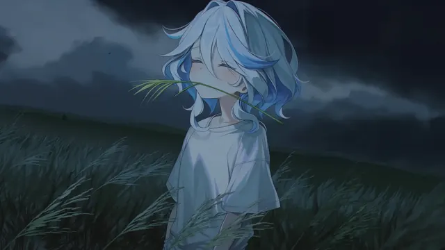 Furina standing in tall grass beneath dark storm clouds
