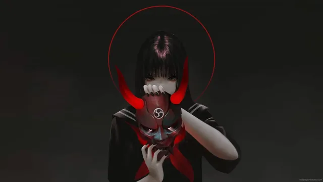 Anime girl and oni mask themed 4K live wallpaper.