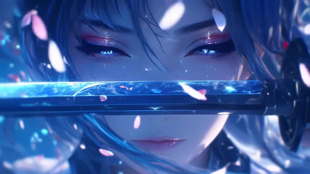 Blue-eyed anime girl reflected across a horizontal sword blade