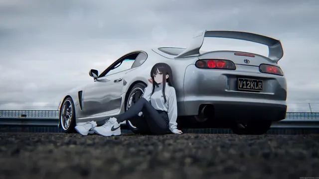 Anime girl beside a Toyota Supra in a live wallpaper