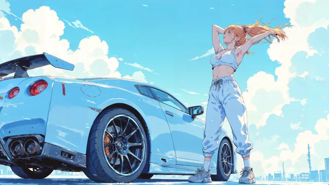 Anime girl standing beside a Nissan GT-R R35 in a softly lit urban nighttime setting