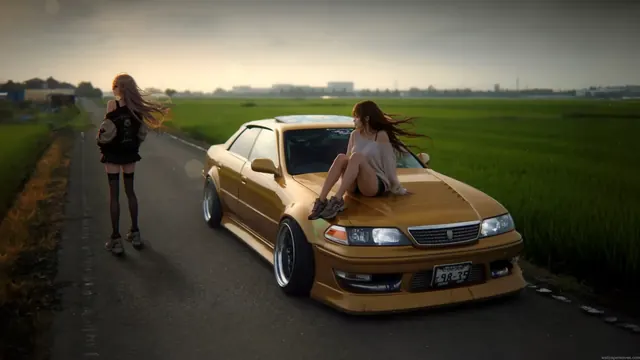 Anime-styled girls beside a JDM sedan in a character-and-car wallpaper.
