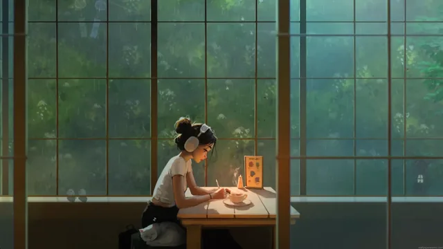 Anime lo-fi girl in a rainy study room, presented as a 4K live wallpaper.