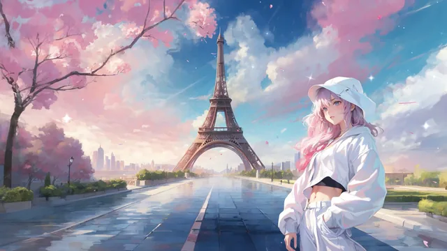 Anime-style Paris in spring with the Eiffel Tower, cherry blossoms and pastel morning light