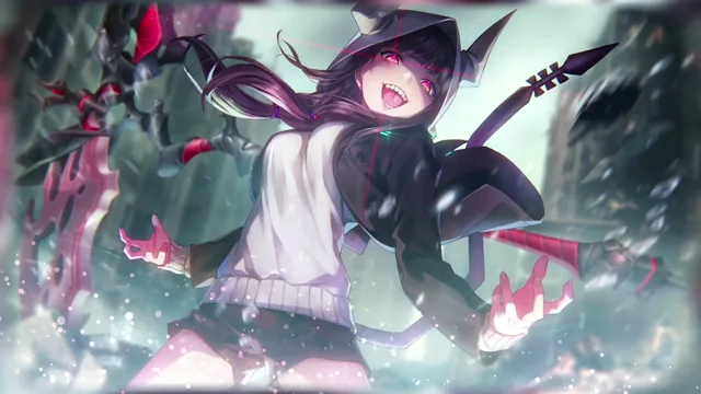 Anime warrior girl with glowing red eyes holding a sword amid drifting embers