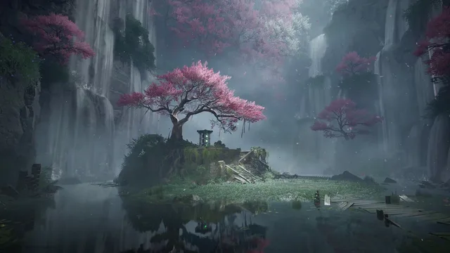 Arknights Endfield sanctuary among sakura and cliffs