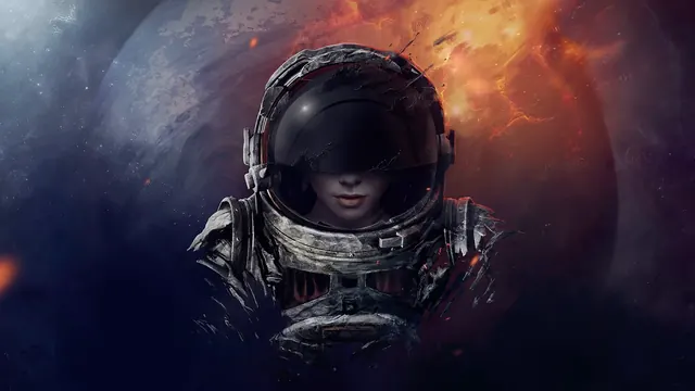 Lone astronaut floating near vast ruins in deep space