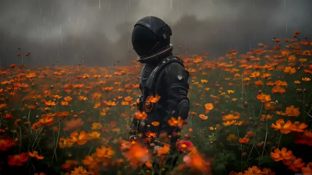 Astronaut surrounded by flowers in a rainy field
