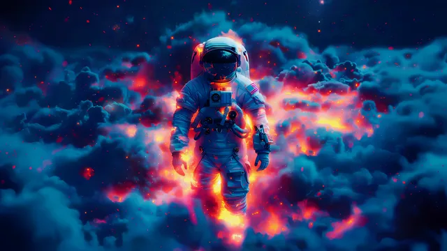 Astronaut floating among towering thunderclouds with distant lightning flashing inside