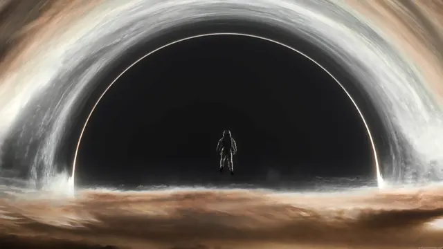 Lone astronaut positioned near the immense darkness of a black hole