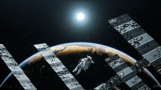 Astronaut and satellite together in a space scene