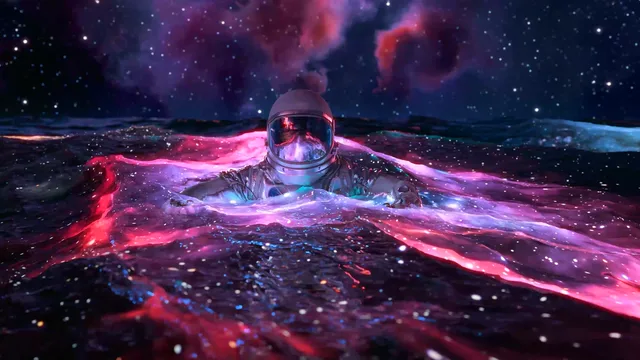 Astronaut floating through swirling red and violet nebula matter in deep space