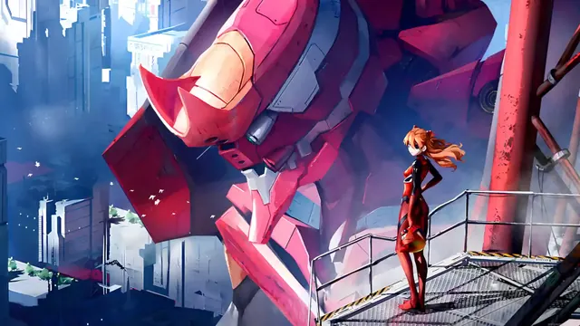 Asuka Langley with an Evangelion mecha in an anime wallpaper