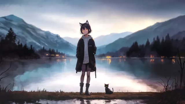 Fantasy cat girl overlooking a calm lake surrounded by high mountains