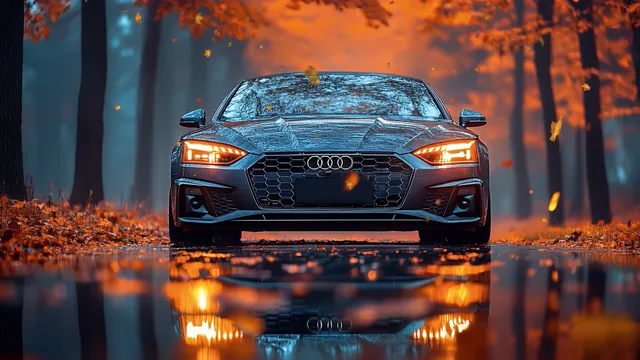 Gray Audi A5 reflected on a wet autumn forest road