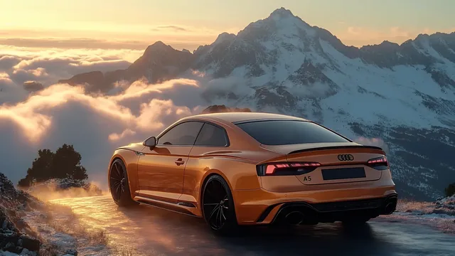 Audi A5 on a winding mountain road beneath open sky and distant alpine peaks.