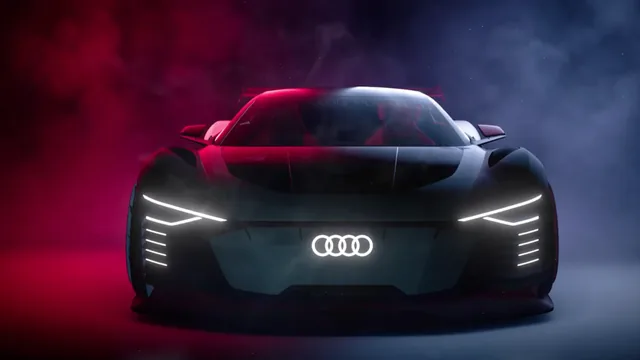 Audi E-Tron GT emerging through smoke under sharp red and blue LED lighting.
