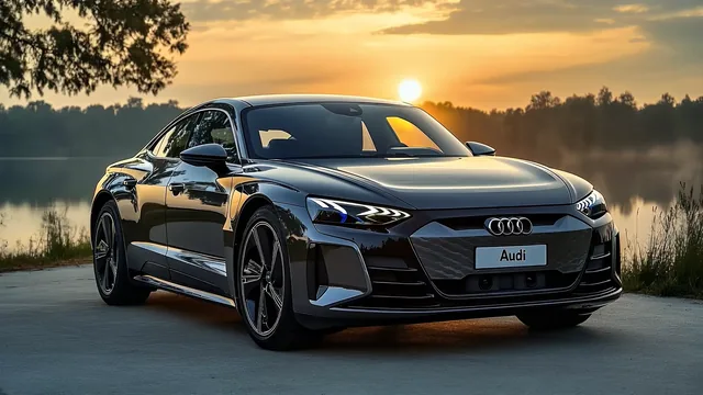 Audi e-tron GT in warm sunset light against a natural backdrop