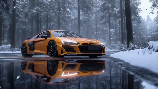 Audi R8 on a frozen forest road with snow-covered trees, subtle snowfall and reflections.