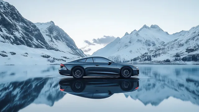 Audi RS7 on a frozen alpine lake with snowy mountains and mirrored reflections.