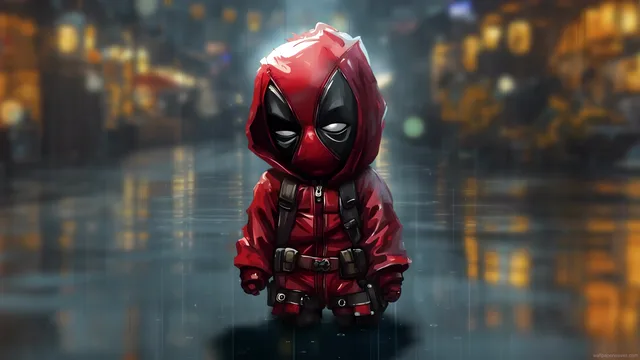 Chibi Deadpool in red and black suit standing in the rain under an umbrella with city lights behind