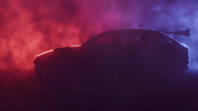 BeamNG 200BX coupe silhouette surrounded by red and blue neon fog