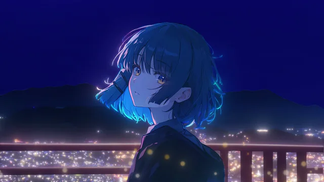 Blue-haired anime girl under meteors above city lights