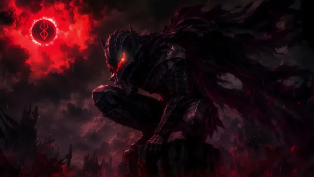 Guts in Berserker Armor below a crimson eclipse in dark Berserk fan art