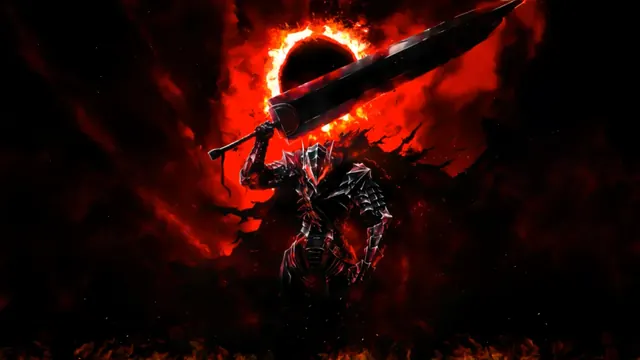 Dark armored warrior with a massive sword beneath a crimson eclipse
