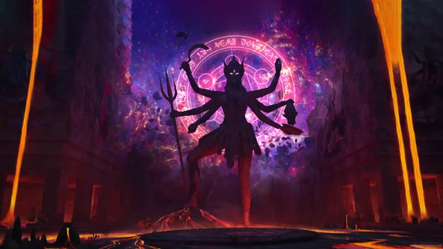 Many-armed Bhadrakali silhouette before a violet halo