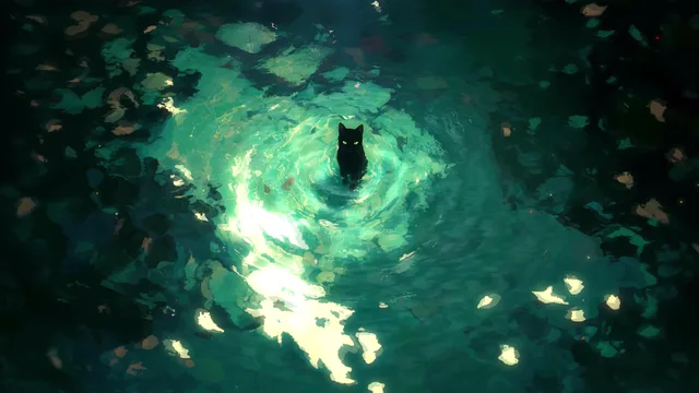 Black cat sitting at the center of a glowing circular water formation with blue ripples