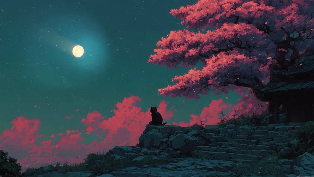 Black cat sitting on a rooftop silhouetted against a glowing full moon at night