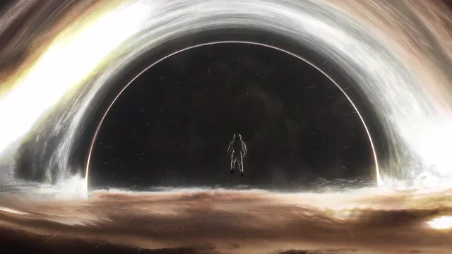 Small astronaut facing an enormous glowing black hole