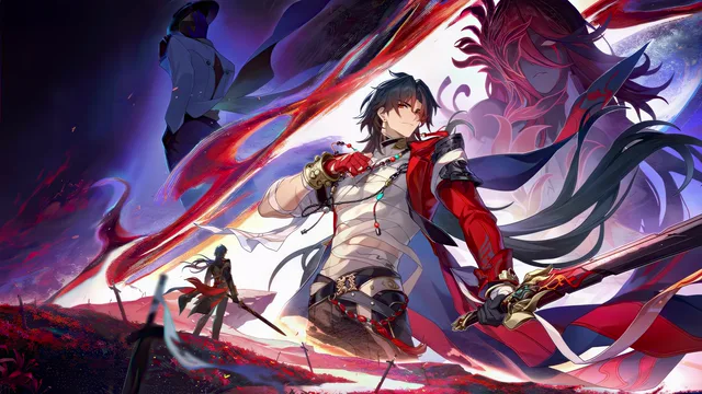Blade holding a sword amid crimson Honkai Star Rail artwork