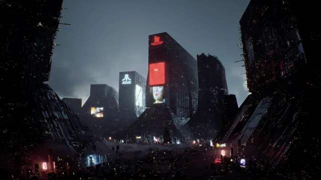 Rainy neon cyberpunk city with skyscrapers, billboards, and a lone figure.