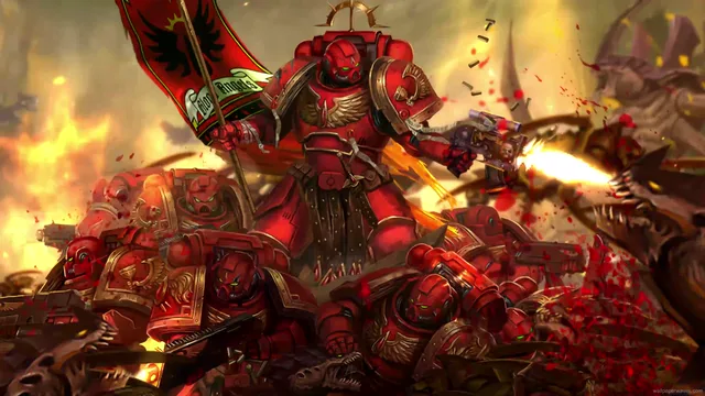 Red-armored Blood Angels Space Marine in a smoke-filled urban ruin with weapon raised