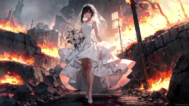 A white-dressed bride standing amid burning, crumbling ruins with embers floating upward