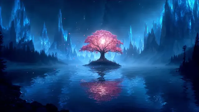 Luminous sakura tree on a midnight lake beneath crystalline peaks